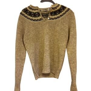 LL Bean Wool Sweater Fair Isle Nordic Yoke Pullover Beige Womens Size 34 Small